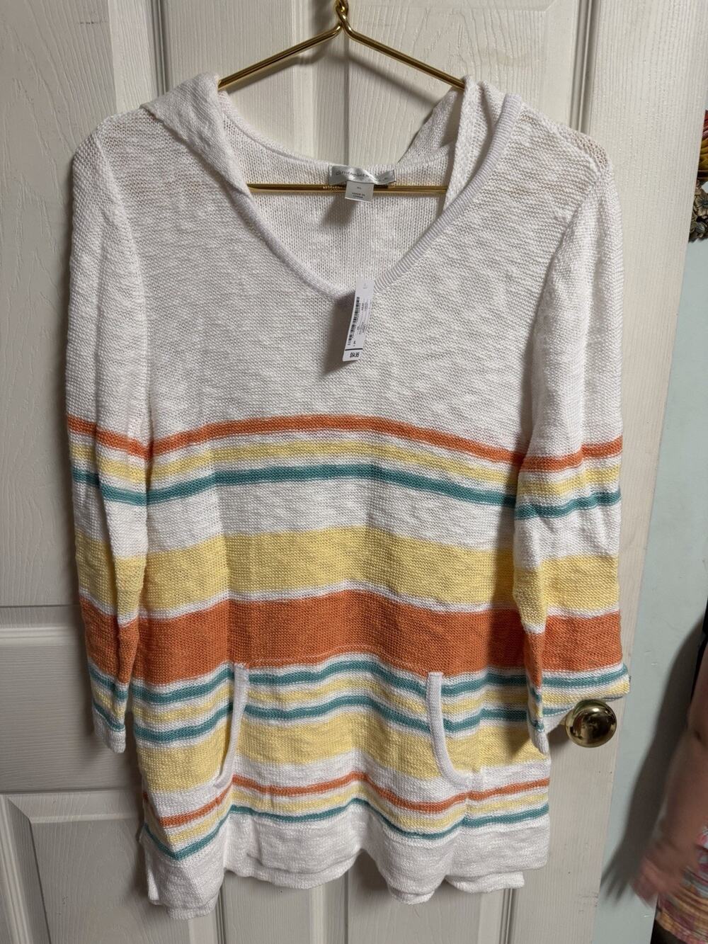 CJ Banks Hooded Sweater Women XL White Stripe Kangaroo Pocket Tunic Pullover 40w